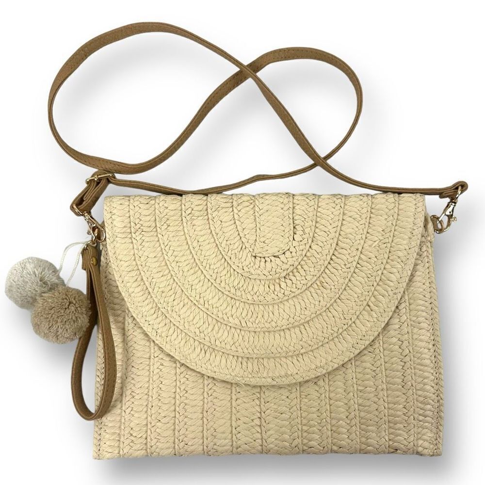 Boutique Woven Straw Crossbody Purse Beige Cream Boho Bag Neutral Puff Charm